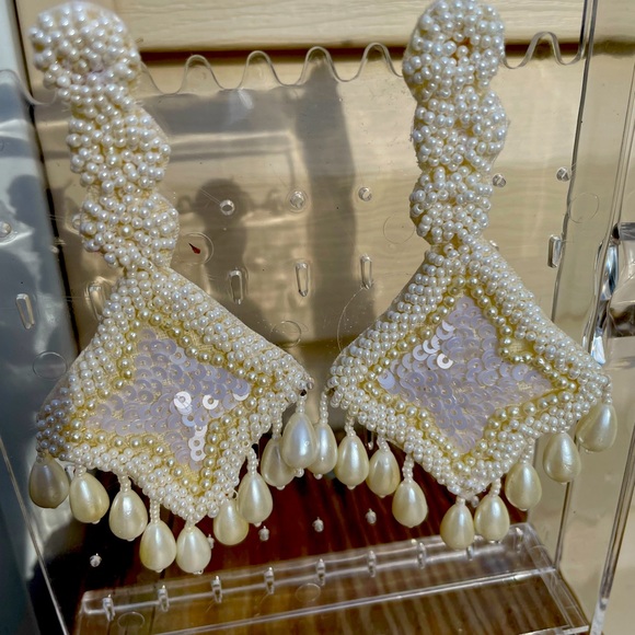 Fabulous White Super Long Chandelier Earrings Handmade with Pearls, sequins - Picture 3 of 4
